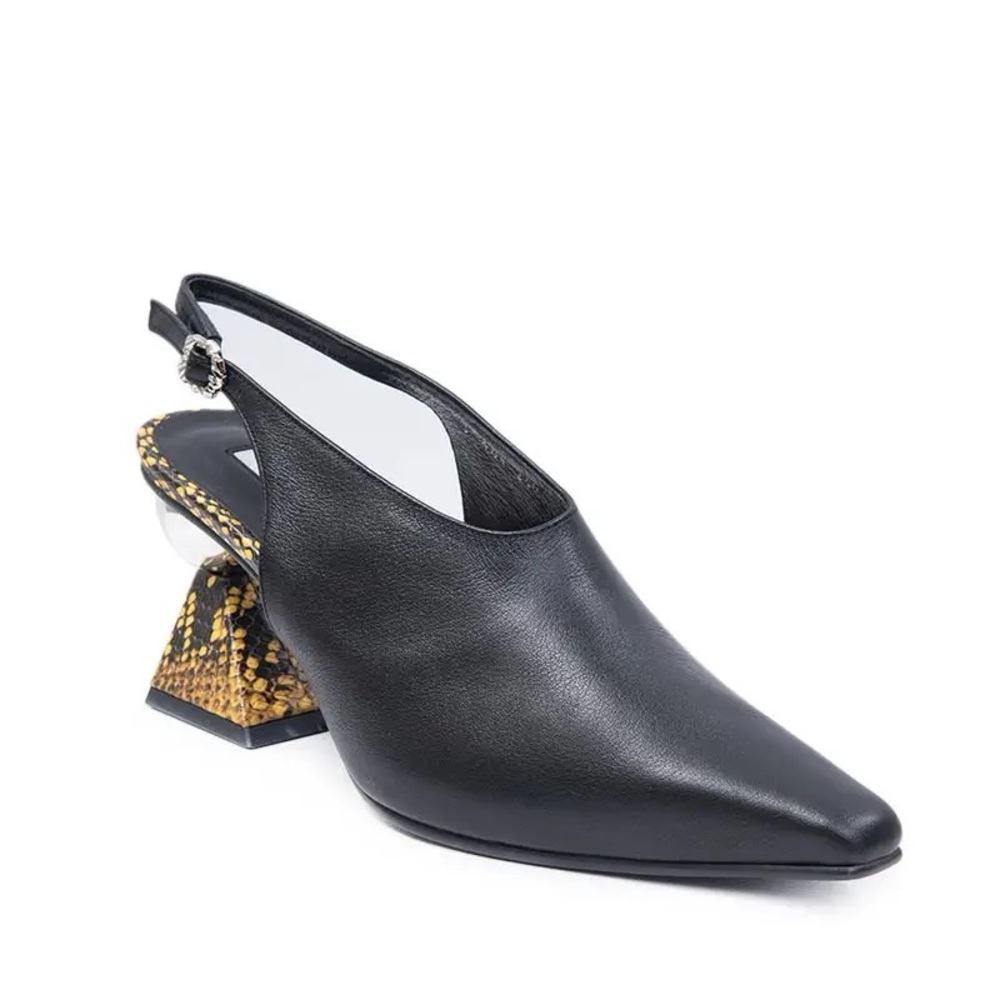 Black & Yellow Slingback pumps w sculptural block heel & mirror ball accent.US9 - Picture 5 of 16